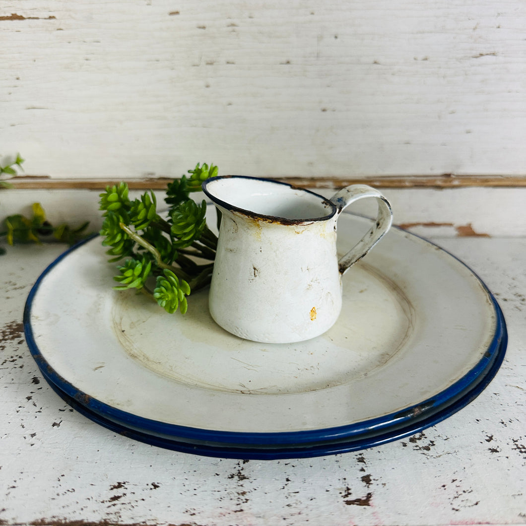 Stunning Antique Blue Enamel Plates and Creamer